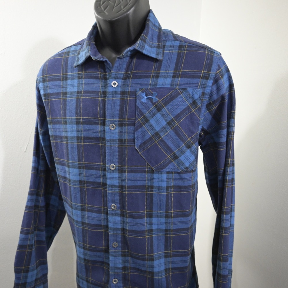 Under Armour Flannel Button Up Mens Medium Loose Blue Plaid ColdGear Pocket